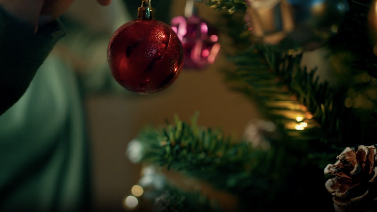 Festive holiday ornaments on a Christmas tree branch in soft focus.